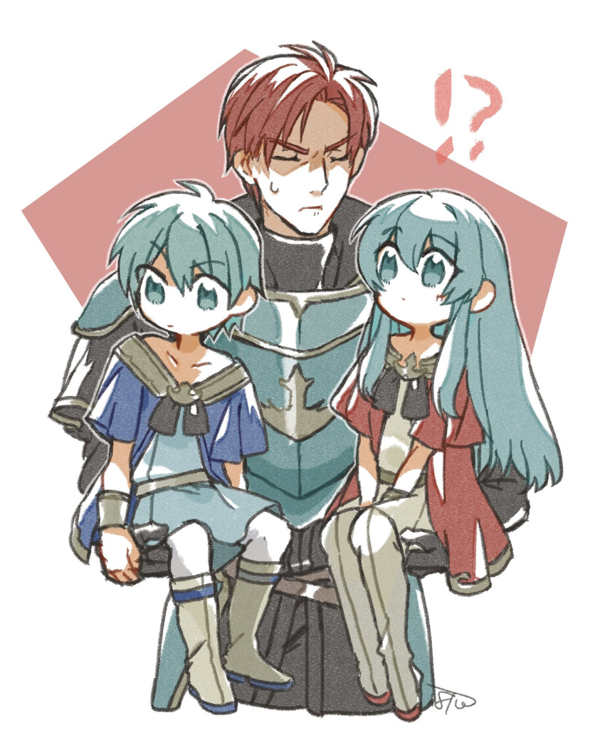 1girl 2boys aqua_eyes aqua_hair armor bangs batoson54 boots closed_eyes collarbone eirika_(fire_emblem) ephraim_(fire_emblem) eyebrows_visible_through_hair fire_emblem fire_emblem:_the_sacred_stones fire_emblem_heroes hair_between_eyes highres holding long_hair multiple_boys red_hair seth_(fire_emblem) short_hair sidelocks sweatdrop younger