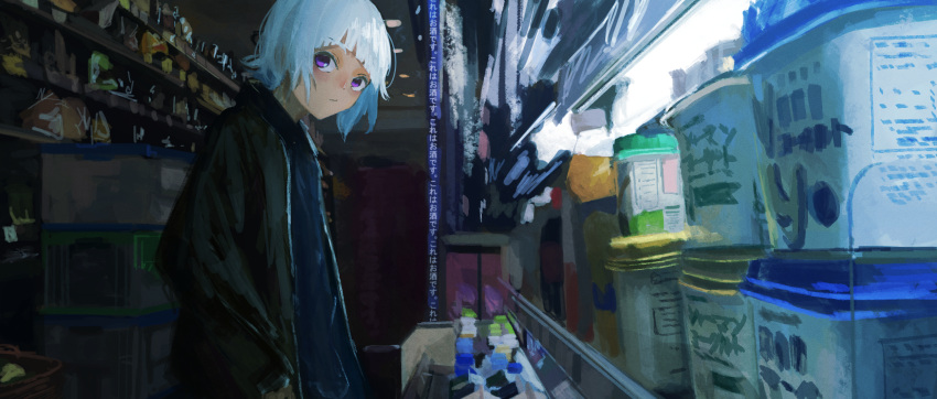 1girl :/ bangs black_jacket black_shirt blurry ceiling_light closed_mouth commentary convenience_store dark_room daruma_karei depth_of_field from_side hands_in_pockets highres indoors jacket looking_at_viewer looking_to_the_side open_clothes open_jacket original purple_eyes shelf shirt shop short_hair solo translation_request upper_body white_hair yogurt