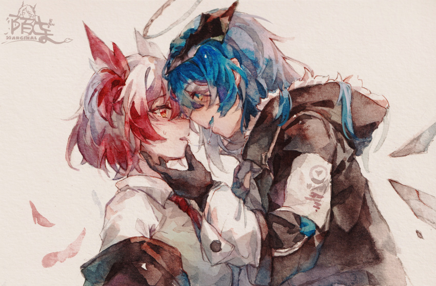 2girls absurdres after_kiss animal_ears arknights artist_name bird_ears black_gloves black_jacket blue_eyes blue_hair blue_tongue blush chin_grab chinese_commentary colored_tongue demon_horns eye_contact fur-trimmed_hood fur_trim gloves hair_between_eyes halo highres hood horns huge_filesize jacket long_hair looking_at_another mostima_(arknights) moyu_marginal multiple_girls necktie noses_touching red_eyes red_hair red_neckwear saliva saliva_trail shirt short_hair simple_background suffering_(arknights) sweatdrop upper_body white_shirt yuri