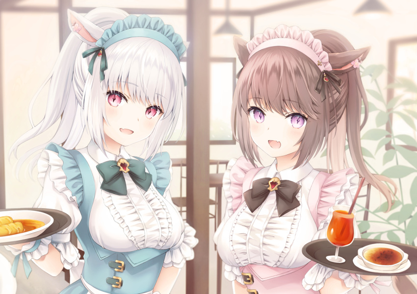 2girls :d animal_ears bangs black_bow bow breasts brown_hair cat_ears center_frills chair cup drinking_glass drinking_straw eyebrows_visible_through_hair fang final_fantasy final_fantasy_xiv food frills holding holding_tray indoors kanora long_hair looking_at_viewer maid_headdress medium_breasts miqo'te multiple_girls open_mouth ponytail puffy_short_sleeves puffy_sleeves purple_eyes red_eyes shirt short_sleeves silver_hair smile table tray underbust upper_body waitress white_shirt