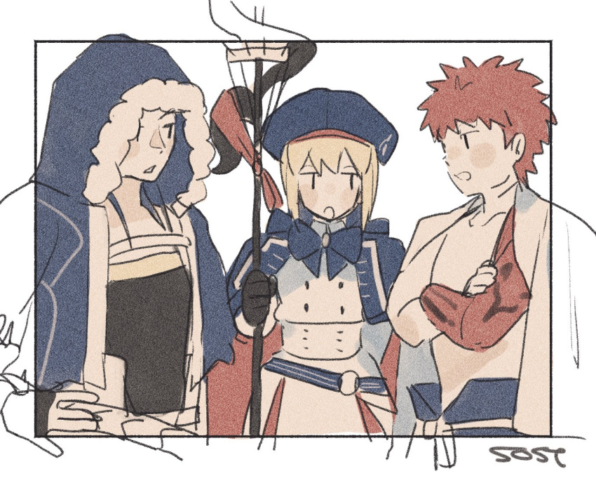 1girl 2boys artist_name artoria_pendragon_(all) artoria_pendragon_(caster)_(fate) belt blonde_hair cloak coat crossed_arms cu_chulainn_(caster)_(fate) cu_chulainn_(fate)_(all) emiya_shirou fate/grand_order fate_(series) fur-trimmed_hood fur_trim hand_on_hip hat holding holding_staff hood limited/zero_over looking_at_another multiple_boys outside_border red_hair ribbon sengo_muramasa_(fate) sost_fgo staff