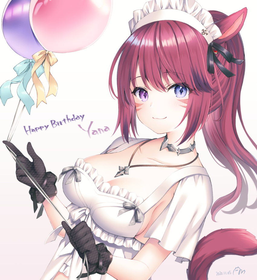 1girl animal_ears balloon bangs black_gloves blue_eyes blush breasts brown_bag cat_ears cat_girl cat_tail cleavage closed_mouth dated dutch_angle eyebrows_visible_through_hair facial_mark final_fantasy final_fantasy_xiv gloves gradient gradient_background hair_between_eyes hands_up happy_birthday heterochromia highres holding holding_balloon kanora long_hair maid_headdress medium_breasts miqo'te ponytail purple_eyes red_hair shirt signature smile solo tail tail_raised whisker_markings white_background white_shirt