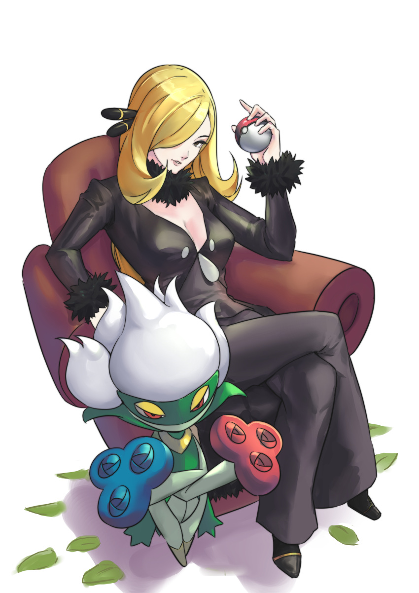 1girl absurdres black_pants blonde_hair breasts chair cleavage crossed_legs cynthia_(pokemon) full_body fur-trimmed_sleeves fur_trim gen_4_pokemon hair_ornament hair_over_one_eye highres holding holding_poke_ball ikanote long_hair long_sleeves looking_at_viewer medium_breasts pants parted_lips poke_ball pokemon pokemon_(creature) pokemon_(game) pokemon_dppt red_eyes roserade shiny shiny_hair simple_background sitting white_background