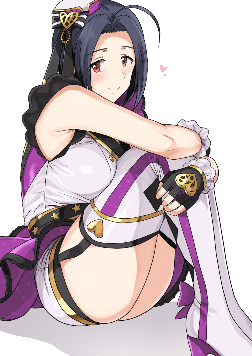 1girl ahoge armpits ass bangs black_hair blush boots breasts eyebrows_visible_through_hair fingerless_gloves frills garter_straps gloves hat high_heels highres idolmaster large_breasts legs_together medium_hair miura_azusa multicolored multicolored_clothes nose overskirt parted_bangs purple_skirt red_eyes shirt short_shorts shorts simple_background sitting skirt sleeveless sleeveless_shirt smile thigh_boots thighhighs thighs top!_clover_(idolmaster) tsurui white_legwear