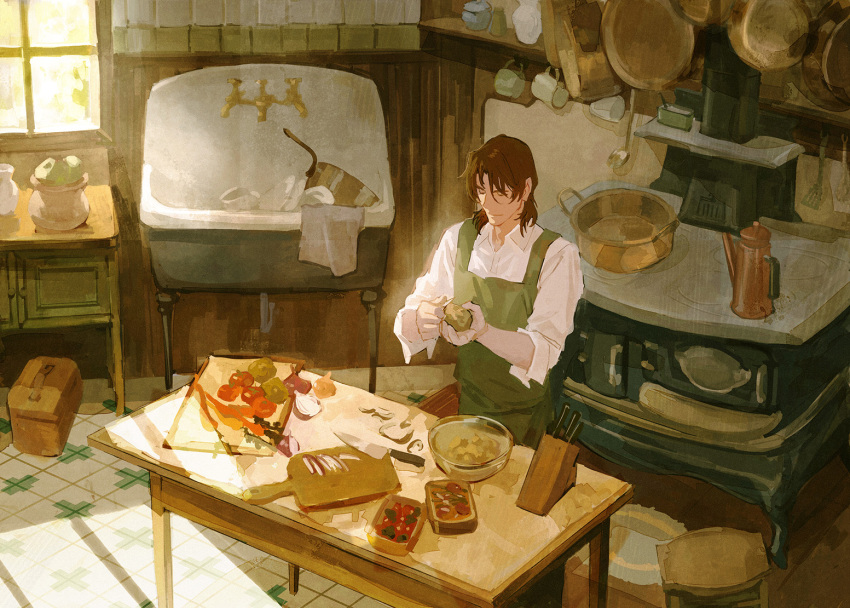 1boy alternate_costume apron basket bowl brown_hair closed_eyes cup cutting_board food gundam gundam_00 holding holding_food holding_knife holding_vegetable huangdanlan indoors kettle knife lockon_stratos long_sleeves male_focus medium_hair onion peeling pot potato shirt sink sleeves_rolled_up solo stove table tile_floor tiles vegetable white_shirt window