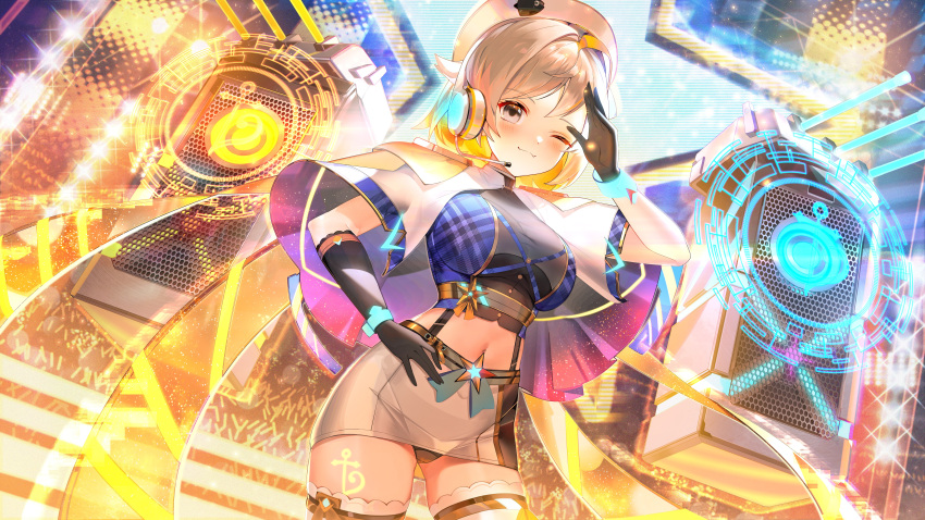 1girl ;3 absurdres alternate_costume arm_up asymmetrical_gloves azur_lane bangs beret black_gloves black_panties black_skirt blue_shirt blush breasts capelet closed_mouth cowboy_shot crop_top crowd elbow_gloves english_commentary eyebrows_visible_through_hair gloves glowstick grey_eyes grey_hair hair_between_eyes hand_on_hip hat headset highres janyhero large_breasts leg_tattoo looking_at_viewer midriff navel one_eye_closed panties pantyshot plaid plaid_shirt salute seattle_(azur_lane) shirt short_hair sidelocks single_elbow_glove skirt smile solo speaker stage stage_lights standing suspender_skirt suspenders tattoo thighhighs two-tone_skirt underbust underwear white_capelet white_headwear white_legwear white_skirt zettai_ryouiki