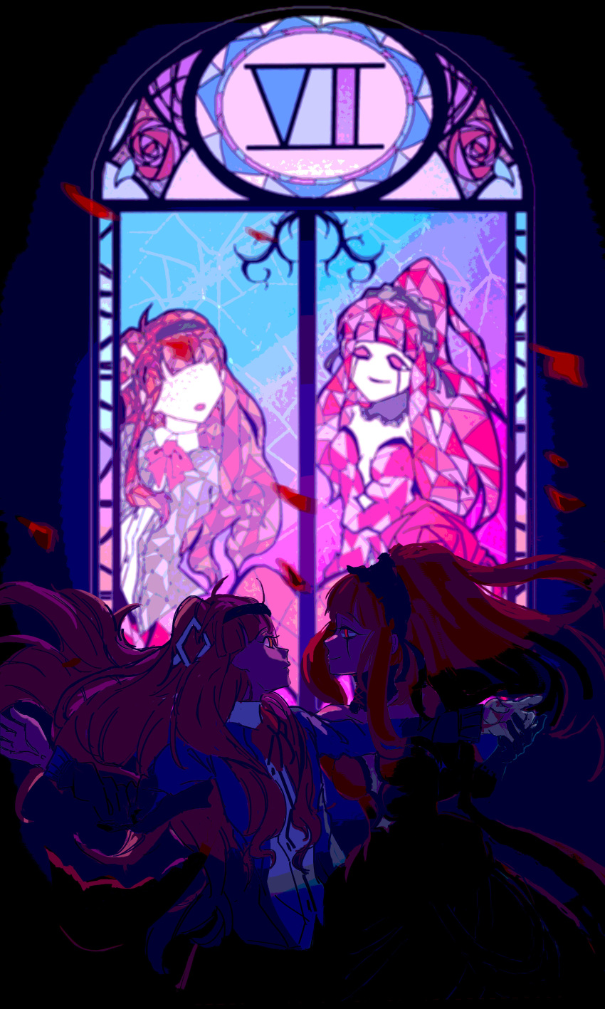 2girls absurdres dress forever_7th_capital highres multiple_girls pink_hair sardine-flavored_potatoes stained_glass vii yuri