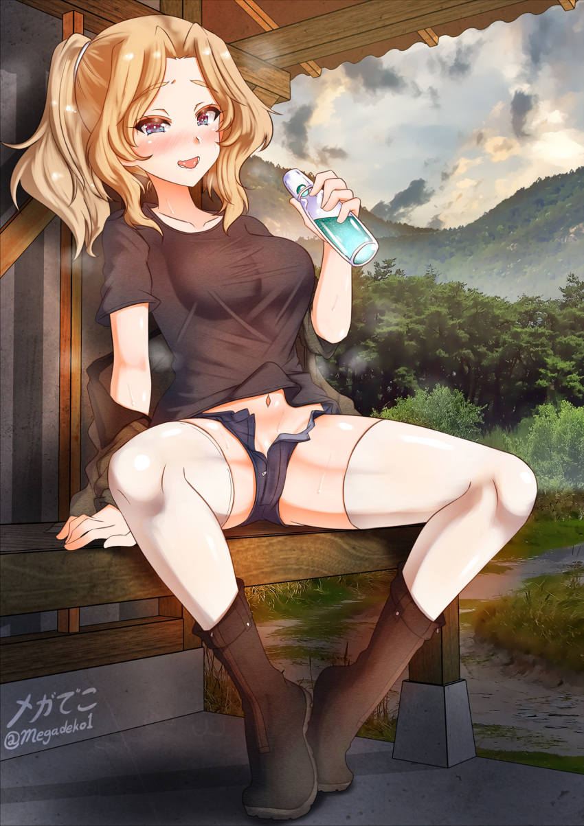 1girl aquaegg arm_support artist_name blonde_hair blue_eyes blush boots breasts brown_footwear cloud concrete corrugated_galvanised_iron_sheet denim denim_shorts forest girls_und_panzer green_eyes grey_sky highres hot kay_(girls_und_panzer) looking_at_viewer medium_breasts midriff mountain nature navel ponytail shorts solo steam sweat thighhighs thighs tight tongue tongue_out twitter_username unbuttoned_shorts unzipped white_legwear