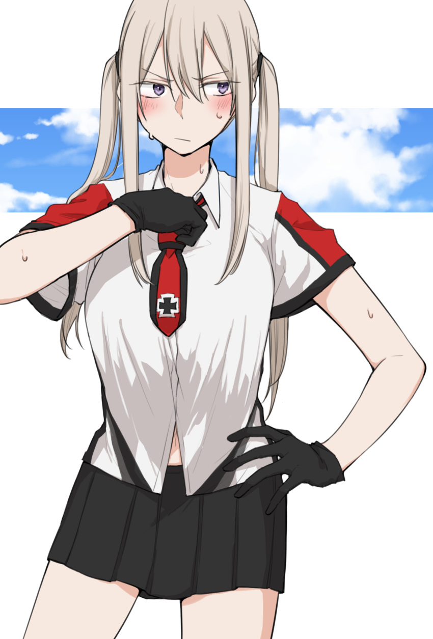 1girl adapted_costume bangs banned_artist black_gloves black_skirt blonde_hair blush breasts closed_mouth cloud crop_top crop_top_overhang gloves graf_zeppelin_(kancolle) hair_between_eyes hand_on_hip highres iron_cross kantai_collection large_breasts long_hair pleated_skirt purple_eyes saki_tsurugi shirt short_sleeves sidelocks simple_background skirt solo summer_uniform sweat twintails