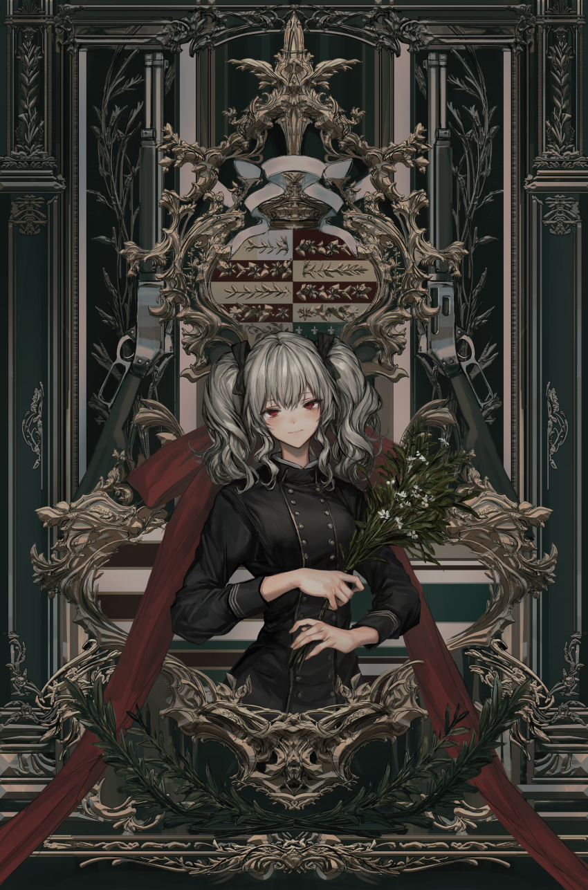 1girl absurdres bangs buttons crest double-breasted expressionless flower grey_hair gun hair_ribbon highres holding holding_flower jacket lever_action lm7_(op-center) looking_at_viewer original red_eyes ribbon solo symmetry twintails weapon winchester_model_1873