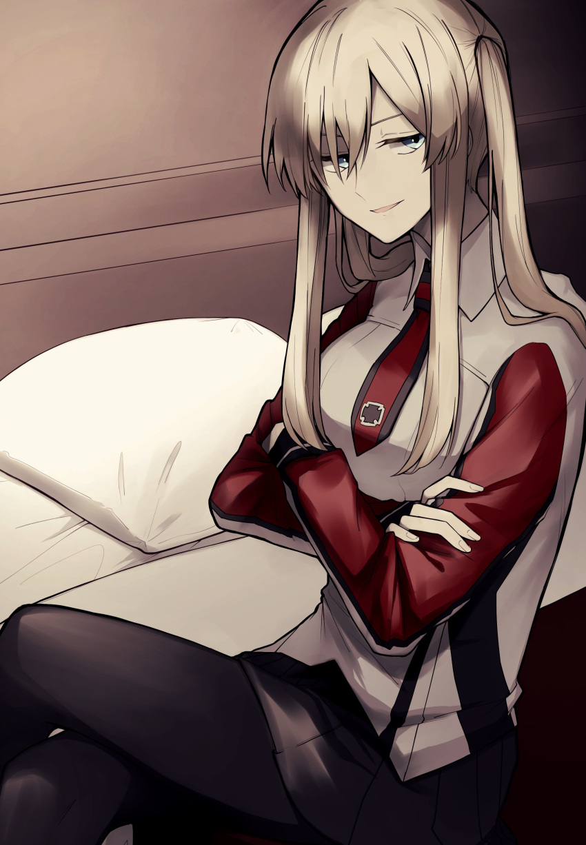 1girl absurdres bangs banned_artist bed black_legwear black_skirt blue_eyes crossed_arms crossed_legs graf_zeppelin_(kancolle) hair_between_eyes highres iron_cross kantai_collection long_hair military military_uniform on_bed pantyhose parted_lips pleated_skirt saki_tsurugi sidelocks sitting skirt solo twintails uniform