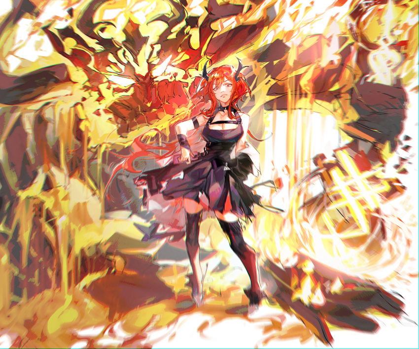 1boy 1girl absurdres arknights crossover demon demon_girl demon_horns doodle dress fate/grand_order fate_(series) fire giant high_heels highres holding holding_weapon horns linhuuuu long_hair looking_at_viewer purple_eyes red_hair surtr_(arknights) surtr_(fate) sword thighhighs weapon