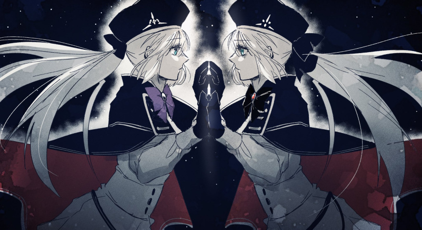 2girls artoria_pendragon_(all) artoria_pendragon_(caster)_(fate) bangs black_bow blonde_hair blue_bow blue_cape bow cape cloak dress eyebrows_visible_through_hair fate/grand_order fate_(series) green_eyes hair_bow hat highres long_hair looking_at_another mirror_image mirror_twins multiple_girls ponytail spoilers two-sided_cape two-sided_fabric white_dress y_udumi