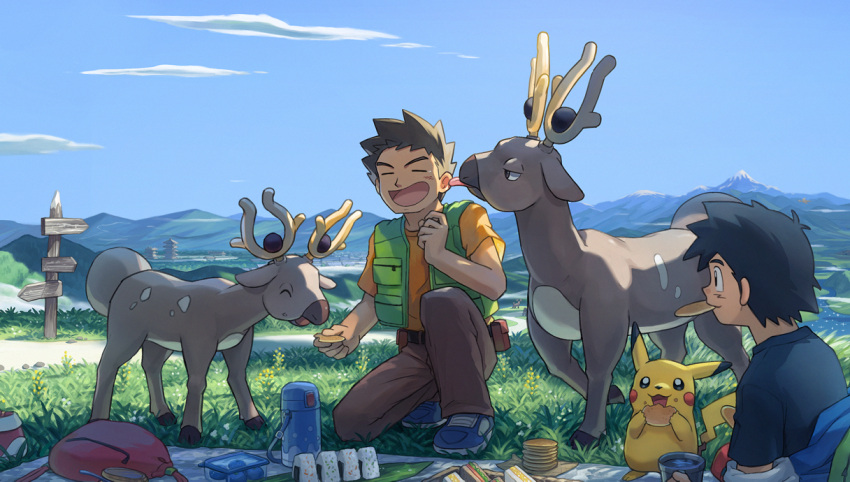 2boys ash_ketchum bag bag_removed black_hair black_shirt blanket blue_footwear brock_(pokemon) brown_hair brown_pants building closed_eyes cloud commentary_request day eating food gen_1_pokemon gen_2_pokemon grass green_vest guodon holding kneeling licking licking_ear male_focus mountain mouth_hold multiple_boys onigiri open_mouth orange_shirt outdoors pants picnic pikachu pokemon pokemon_(anime) pokemon_(classic_anime) pokemon_(creature) sandwich shirt shoes short_hair short_sleeves sign sky smile spiked_hair stantler t-shirt tearing_up thermos tongue vest |d