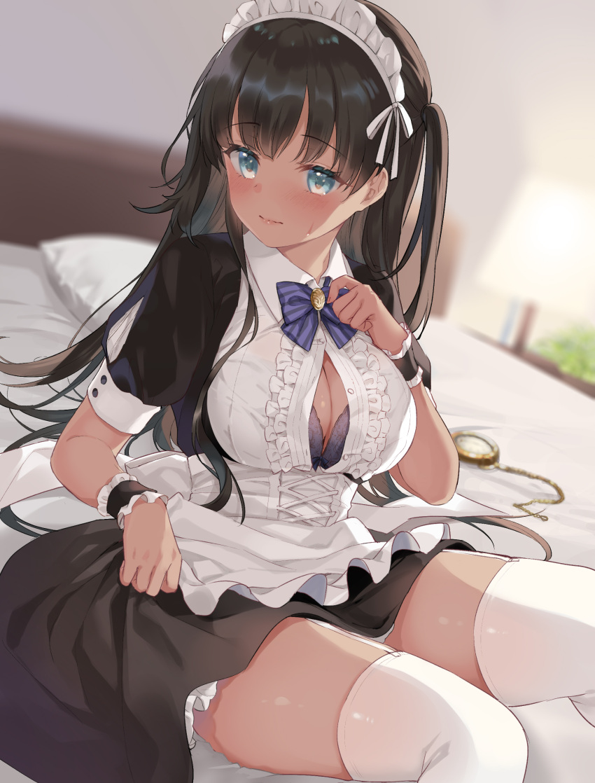 1girl absurdres apron bangs black_dress black_hair blue_eyes breasts cleavage closed_mouth collared_shirt commentary_request dress eyebrows_visible_through_hair frilled_apron frills garter_straps highres kurasawa_moko large_breasts long_hair looking_at_viewer maid maid_headdress on_bed one_eye_closed one_side_up original pillow shirt sitting solo sweat thighhighs very_long_hair white_apron white_legwear white_shirt