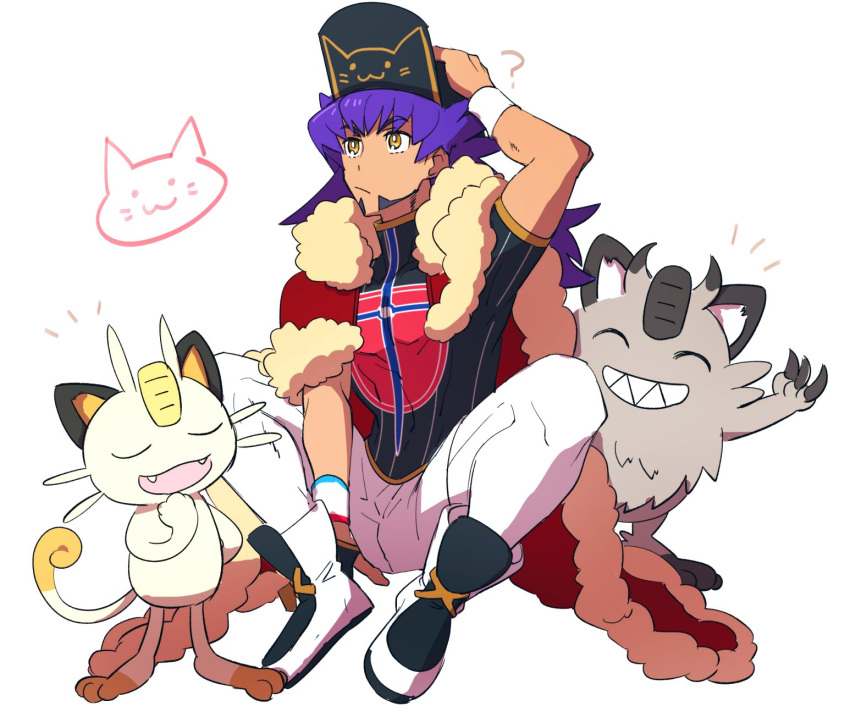 1boy ? bangs baseball_cap cape champion_uniform closed_mouth commentary_request dark-skinned_male dark_skin dynamax_band eyebrows_visible_through_hair facial_hair fur-trimmed_cape fur_trim galarian_form galarian_meowth gen_1_pokemon gen_8_pokemon gloves hand_on_headwear hat highres leggings leon_(pokemon) long_hair male_focus meowth morio_(poke_orio) partially_fingerless_gloves pokemon pokemon_(creature) pokemon_(game) pokemon_swsh purple_hair red_cape shield_print shirt shoes short_shorts short_sleeves shorts simple_background single_glove sitting spread_legs sword_print white_background white_legwear white_shorts yellow_eyes