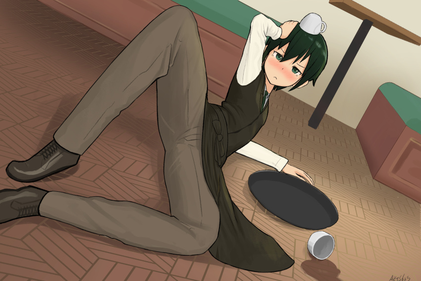 1girl akts625 androgynous apron artist_name bangs bench blush booth boots breasts brown_footwear brown_pants cafe commentary cup dutch_angle embarrassed fallen_down frown green_apron green_eyes green_hair green_neckwear green_vest hair_between_eyes hand_on_own_head hand_up highres kino_(kino_no_tabi) kino_no_tabi knee_up korean_commentary long_sleeves looking_at_viewer lying necktie nose_blush object_on_head on_ground one_eye_closed pants parquet_floor restaurant reverse_trap shirt short_hair signature small_breasts solo spill spread_legs table tea teacup tearing_up tomboy tray v-shaped_eyebrows vest white_shirt wooden_floor