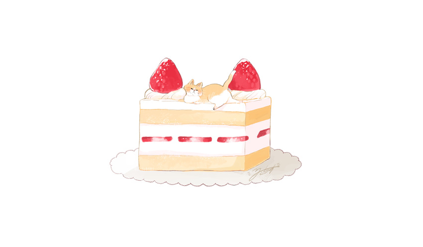 animal cake cat food fruit hakuchizu_(jedo) nobody original polychromatic signed strawberry third-party_edit white