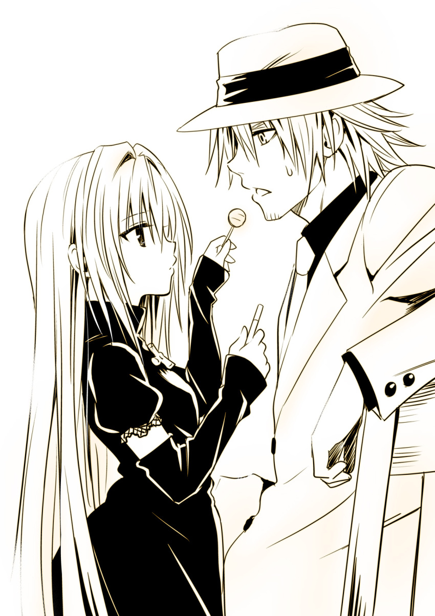 1boy 1girl arm_warmers black_cat_(series) black_dress candy cigarette commentary_request detached_sleeves dress eve_(black_cat) food formal hat highres lollipop long_hair monochrome necktie official_art puffy_sleeves short_hair simple_background sketch suit sven_vollfied white_background yabuki_kentarou