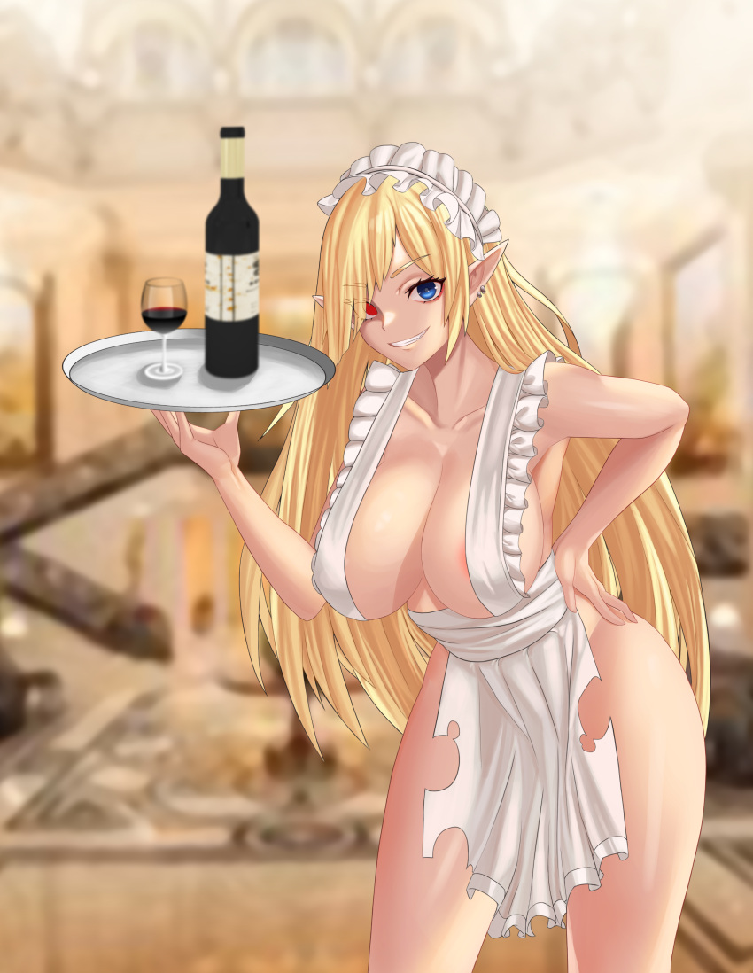 1girl absurdres alcohol apron bare_shoulders blonde_hair blue_eyes blurry blurry_background bottle breasts cleavage collarbone commission drink earrings epko executive_red_hood_arabelle eyebrows_visible_through_hair feet_out_of_frame grin guardian_tales hand_on_hip heterochromia highres holding holding_tray jewelry large_breasts long_hair looking_at_viewer maid pointy_ears single_earring smile thighs torn_clothes tray wine wine_bottle