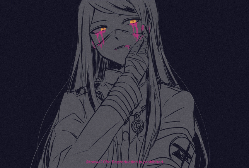 108_(toowa) 1boy bandaged_hands bandages bangs black_background blood blood_on_face bloody_tears commentary_request danganronpa_(series) danganronpa_v3:_killing_harmony hand_on_own_cheek hand_on_own_face hand_up highres jacket long_hair long_sleeves looking_at_viewer mask mouth_mask pink_blood shinguuji_korekiyo simple_background sketch spot_color twitter_username upper_body yellow_eyes