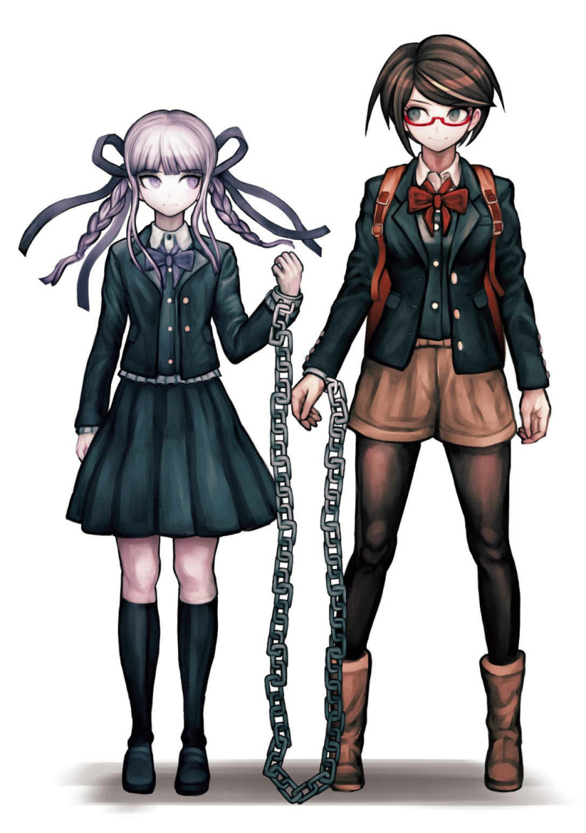 2girls backpack bag bangs boots brown_hair closed_mouth cuffs danganronpa_(series) danganronpa_kirigiri eyebrows_visible_through_hair glasses green_eyes hand_up handcuffs highres kirigiri_kyouko komatsuzaki_rui light_smile long_hair long_sleeves looking_at_another looking_to_the_side multiple_girls necktie novel_illustration official_art pantyhose purple_hair ribbon samidare_yui shirt short_hair short_twintails shorts simple_background skirt standing tomboy twintails winter_uniform