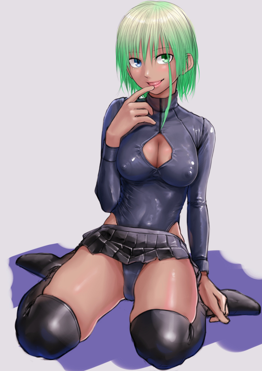 1girl :d absurdres arm_at_side bangs black_footwear black_legwear black_skirt blue_eyes blue_leotard blush boots breasts cleavage_cutout clothing_cutout covered_nipples dark-skinned_female dark_skin finger_to_mouth full_body green_eyes green_hair grey_background hair_between_eyes hand_up happy heterochromia highleg highleg_leotard highres hip_focus kirie_kairi leotard lipstick long_sleeves looking_at_viewer makeup medium_breasts microskirt open_mouth original pink_lips pleated_skirt shadow shiny shiny_clothes short_hair simple_background sitting skin_tight skindentation skirt smile solo thigh_boots thighhighs thighs turtleneck wariza