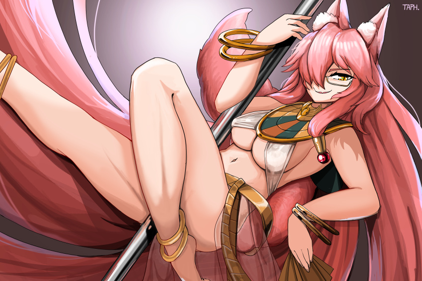 1girl absurdres animal_ear_fluff animal_ears armpits bracelet breasts covered_nipples dancing egyptian_clothes fan fang fate/grand_order fate_(series) folding_fan fox_ears fox_girl fox_tail glasses gold grey-framed_eyewear highres holding holding_pole jewelry koyanskaya_(fate) large_breasts long_hair looking_at_viewer navel pink_hair pole pole_dancing semi-rimless_eyewear skin_fang solo stripper_pole tail tamamo_(assassin)_(fate) tamamo_(fate)_(all) taphris underboob usekh_collar very_long_hair yellow_eyes