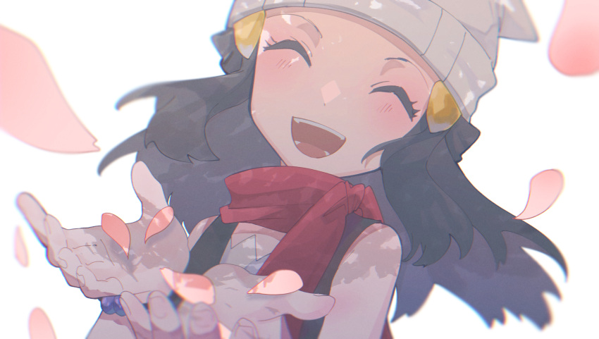 1girl absurdres asagiri_kogen beanie black_hair blush bracelet closed_eyes commentary dawn_(pokemon) eyelashes floating_hair hair_ornament hairclip hands_up happy hat highres jewelry open_mouth petals pokemon pokemon_(game) pokemon_dppt red_scarf scarf simple_background sleeveless smile solo teeth tongue upper_body white_background white_headwear |d