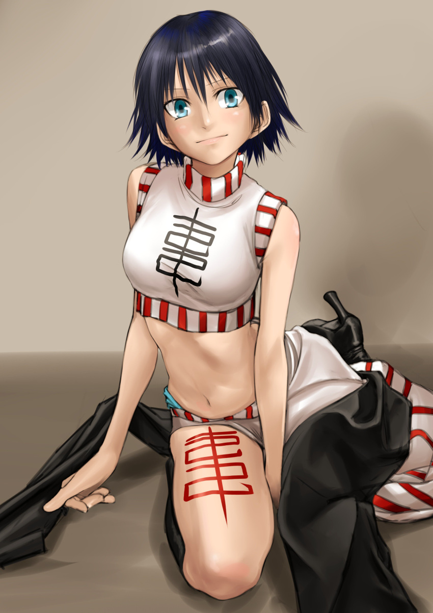 1girl absurdres bare_arms bare_shoulders black_footwear black_hair blue_eyes breasts china_dress chinese_clothes closed_mouth crop_top dress highres houshin_engi kirie_kairi looking_at_viewer midriff navel ou_kijin short_hair smile solo tattoo