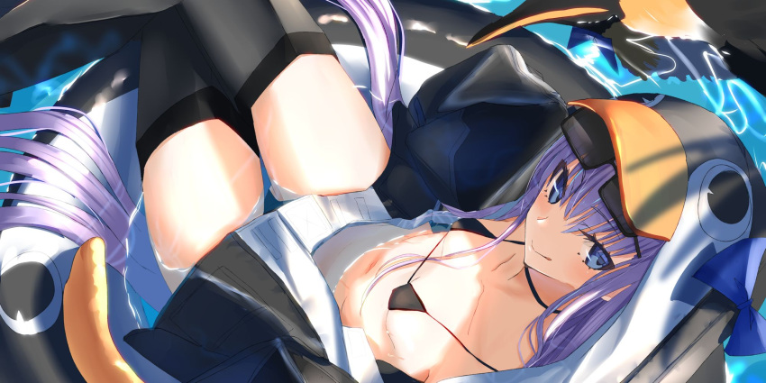 1girl :q afloat animal_hood bikini black-framed_eyewear black_bikini black_choker black_jacket black_legwear blue_eyes blue_hair breasts choker closed_mouth commentary eyebrows_visible_through_hair eyewear_on_head fate/grand_order fate_(series) from_above highres hood innertube jacket licking_lips long_hair long_sleeves looking_at_viewer meltryllis_(fate) meltryllis_(swimsuit_lancer)_(fate) micro_bikini open_clothes open_jacket penguin_hood sitting small_breasts smile solo string_bikini sunglasses swimsuit thighhighs tongue tongue_out tsuuhan very_long_hair water