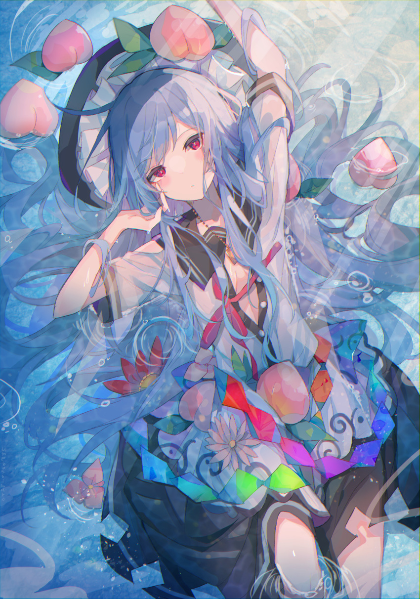 1girl absurdres black_headwear blouse blue_hair blue_skirt bow bowtie breasts bright_pupils buttons commentary dress_shirt eyebrows_visible_through_hair flower food frills fruit hair_spread_out hat highres hinanawi_tenshi jewelry leaf long_hair looking_at_viewer lying neck_ribbon on_back partially_submerged partially_unbuttoned peach pendant rainbow_order red_bow red_eyes red_flower red_neckwear red_ribbon ribbon ripples shirt short_sleeves skirt slit_pupils small_breasts touhou umemaro_(siona0908) untied water water_surface wet wet_clothes white_blouse white_flower white_pupils white_shirt wing_collar