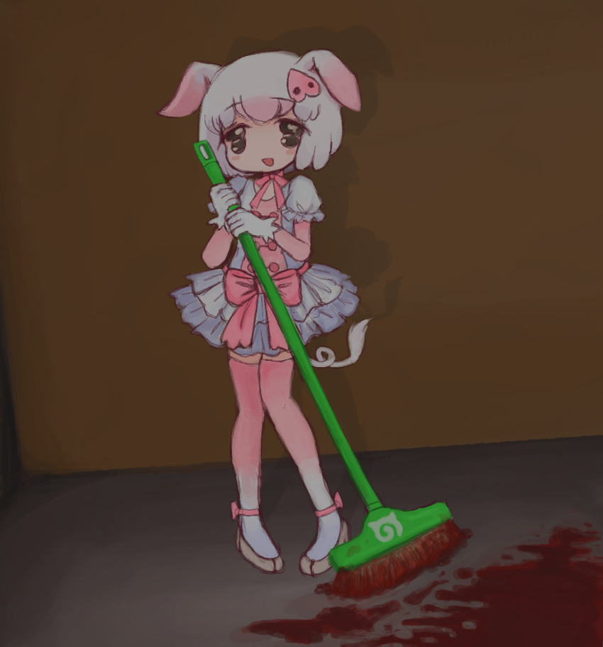 1girl blood blood_splatter cleaning dark fawnmoth highres horror_(theme) kemono_friends mop pig pig_(kemono_friends) pig_tail pink_legwear tail white_hair