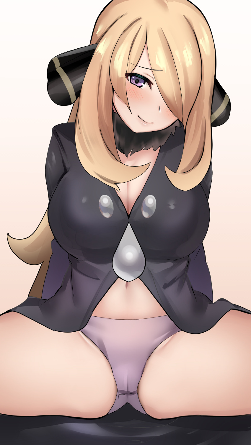 1girl absurdres benten_(ioj3446) black_coat blonde_hair breasts cameltoe cleavage closed_mouth coat commentary_request cynthia_(pokemon) eyelashes fur_collar hair_ornament hair_over_one_eye highres long_hair looking_at_viewer navel panties pokemon pokemon_(game) pokemon_dppt purple_eyes purple_panties raised_eyebrows shiny shiny_hair sitting smile solo spread_legs underwear