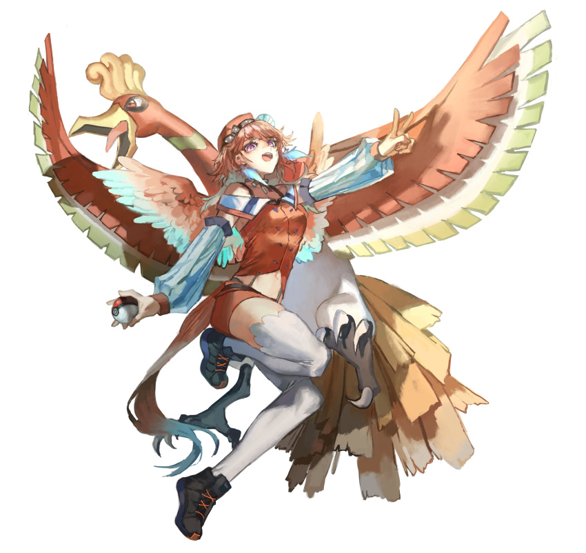 1girl absurdres aqua_hair bangs beret bird_tail bird_wings chef_hat colored_tips crossover detached_sleeves earrings feather_earrings feathers flying full_body gen_2_pokemon hat highres ho-oh holding holding_poke_ball hololive hololive_english jewelry legendary_pokemon midriff miniskirt multicolored multicolored_hair multicolored_tail multicolored_wings navel open_mouth orange_hair phoenix_wings pink_eyes poke_ball poke_ball_(basic) pokemon pokemon_(creature) quasarcake shadow shoes simple_background skirt sneakers streaked_hair suspender_skirt suspenders tail takanashi_kiara thighhighs v virtual_youtuber white_background white_legwear wings