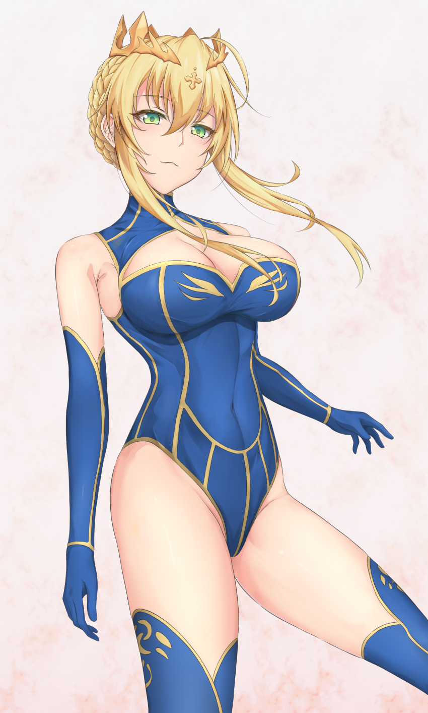 1girl absurdres artoria_pendragon_(all) artoria_pendragon_(lancer)_(fate) bangs bare_shoulders blonde_hair blue_gloves blue_legwear blue_leotard braid breasts cleavage closed_mouth clothing_cutout commentary commentary_request covered_navel crown elbow_gloves fate/grand_order fate_(series) french_braid gloves green_eyes hair_ornament highres jewelry leotard reinaz sidelocks simple_background sleeveless smile thighhighs tied_hair turtleneck