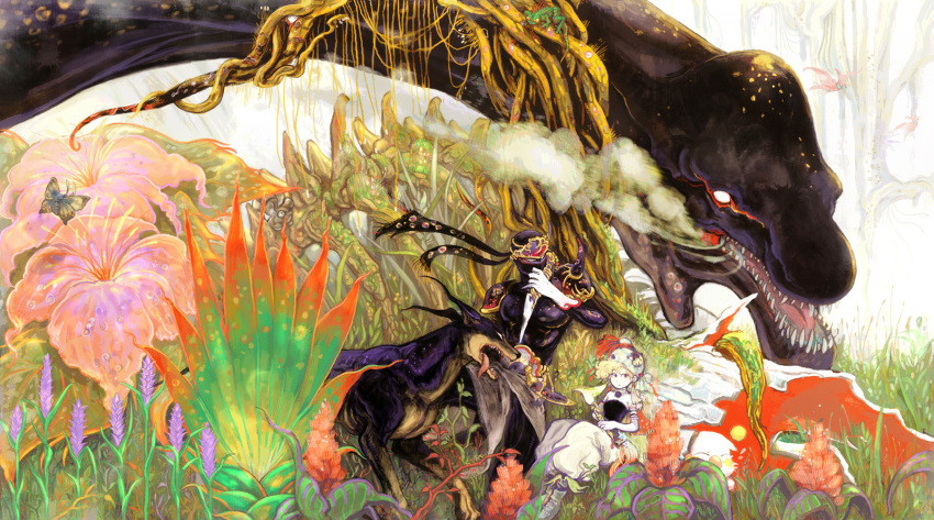 1boy 1girl 1other animal black_bodysuit blonde_hair bodysuit bug butterfly child dagger doberman dog final_fantasy final_fantasy_vi gloves hat highres holding holding_dagger holding_weapon insect interceptor_(ff6) knife leaf monster muscular muscular_male nijiyou ninja ninja_mask outdoors pants pectorals plant puffy_pants relm_arrowny shadow_(ff6) sharp_teeth shirt short_hair smoke strapless strapless_shirt teeth tongue tongue_out tree weapon