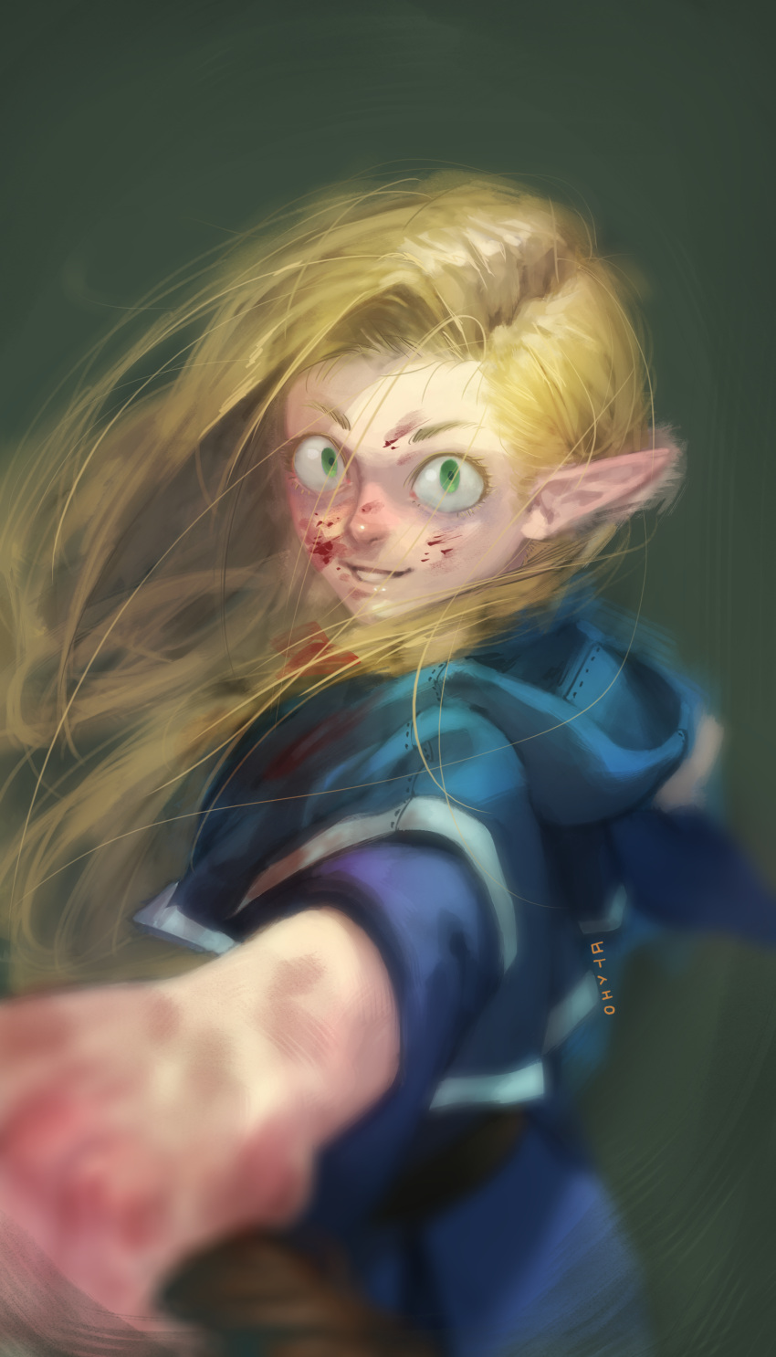 1girl absurdres blonde_hair blood blood_on_face bloody_hands blue_dress blurry crazy_eyes crazy_grin depth_of_field dev_(nogchung) dress dungeon_meshi elf furrowed_brow green_eyes highres long_hair looking_at_viewer marcille messy_hair pointy_ears signature