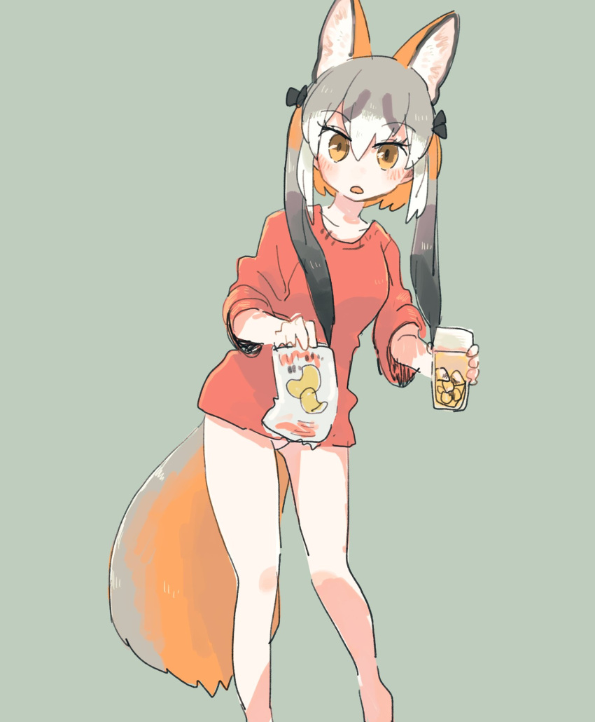 1girl animal_ear_fluff animal_ears bangs bare_legs black_hair brown_eyes commentary_request cup drinking_glass eyebrows_visible_through_hair feet_out_of_frame fox_ears fox_girl fox_tail grey_background grey_hair hair_between_eyes hasu_(zatsugami) highres island_fox_(kemono_friends) kemono_friends looking_at_viewer multicolored_hair no_pants open_mouth orange_hair red_shirt shirt simple_background sketch solo tail twintails white_hair