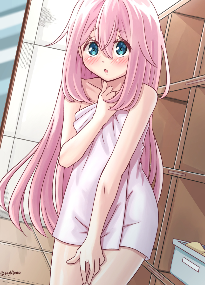 1girl artist_name bathroom blue_eyes blush hair_between_eyes highres kagamihara_nadeshiko long_hair naked_towel pink_hair solo towel yomo yurucamp