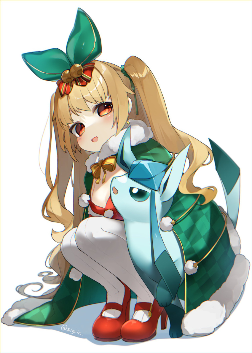 blonde_hair bow coat commission copyright_request covering earrings gen_4_pokemon glaceon highres jenkins_(azur_lane) jenkins_(light_of_the_holiest_star)_(azur_lane) jewelry long_hair red_eyes red_footwear reirou_(chokoonnpu) ribbon skeb_commission smile star_(symbol) star_earrings wavy_hair winter_clothes winter_coat