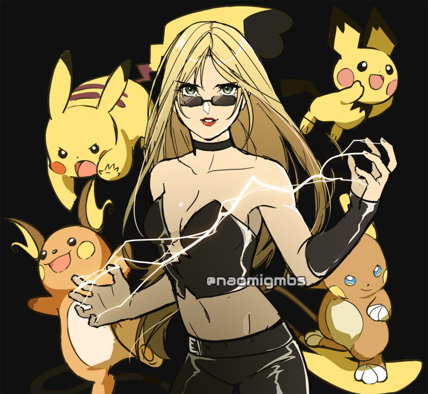 1girl alolan_form alolan_raichu blonde_hair breasts cleavage commentary_request corset devil_may_cry_(series) electricity gen_1_pokemon gen_2_pokemon gen_7_pokemon grey_eyes highres long_hair looking_at_viewer midriff naomig navel open_mouth pichu pikachu pokemon power_connection raichu sunglasses trish_(devil_may_cry) twitter_username