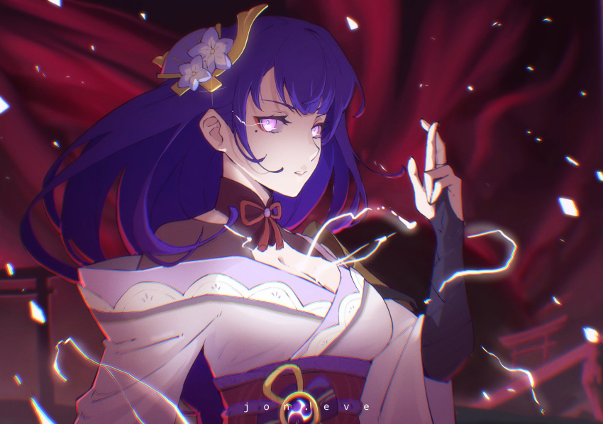 1girl bangs blurry blurry_background breasts bridal_gauntlets cleavage commentary crossed_fingers electricity english_commentary eyeliner flower genshin_impact hair_flower hair_ornament highres japanese_clothes jon_eve kimono large_breasts light_particles long_hair looking_at_viewer makeup mole mole_under_eye open_mouth purple_eyes purple_flower purple_hair raiden_(genshin_impact) ribbon sash solo sparkle torii wide_sleeves