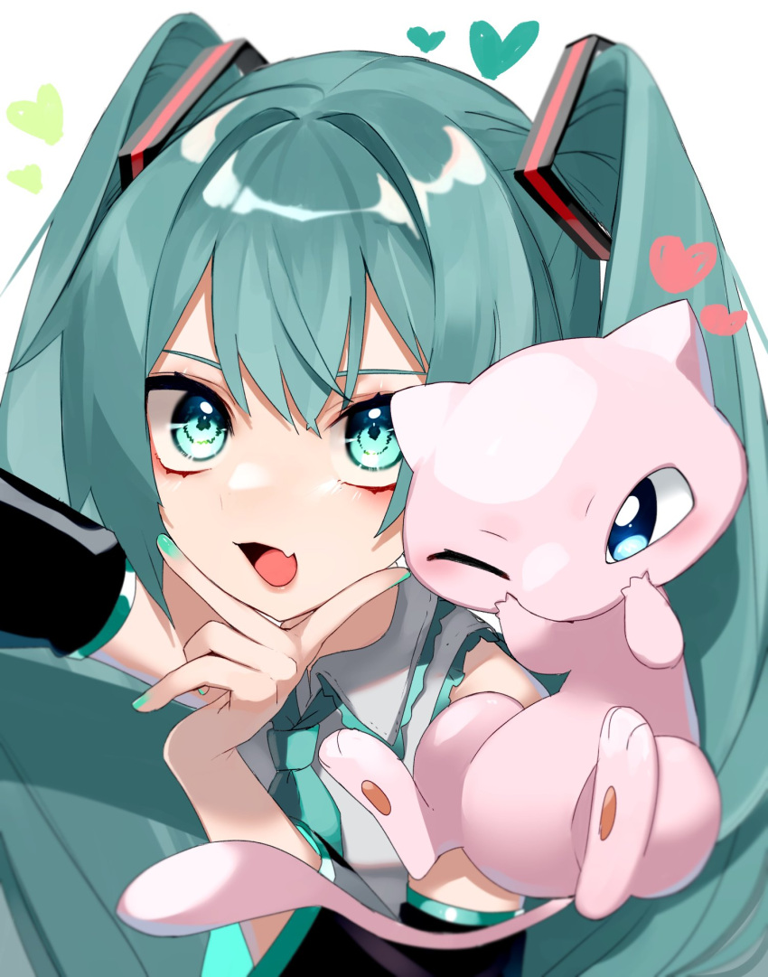 gen_1_pokemon green_eyes green_hair hatsune_miku heart highres mew mythical_pokemon pokemon reirou_(chokoonnpu) scarf selfie smile twintails