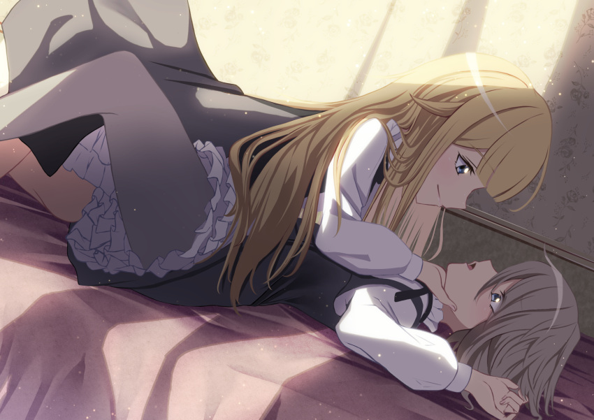 2girls ange_(princess_principal) black_dress blonde_hair brown_hair commentary dress eye_contact hand_on_another's_chin harikonoma highres indoors long_sleeves looking_at_another lying multiple_girls on_back on_bed pantyhose princess_(princess_principal) princess_principal school_uniform smile yuri