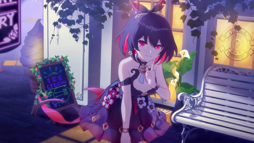 1065587906 black_hair breasts cleavage dress flowers genshin_impact headdress night red_eyes red_hair seele_vollerei short_hair