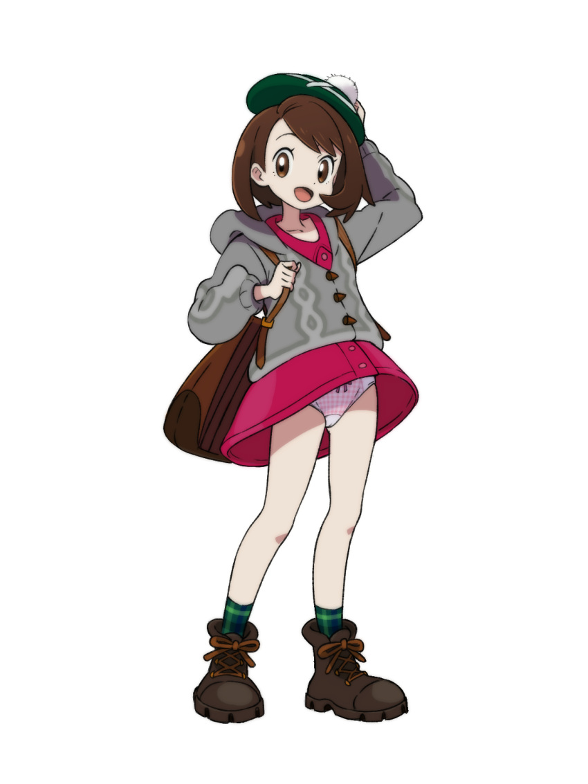 1girl :d backpack bag bangs bob_cut boots brown_bag brown_eyes brown_footwear brown_hair buttons cable_knit cameltoe cardigan collarbone collared_dress commentary_request dress eyelashes full_body gloria_(pokemon) green_headwear green_legwear grey_cardigan hand_on_headwear hat highres hokoro holding_strap hooded_cardigan knees looking_at_viewer open_mouth panties pantyshot pink_dress plaid plaid_legwear pokemon pokemon_(game) pokemon_swsh short_hair simple_background smile socks solo standing tam_o'_shanter tongue underwear white_background