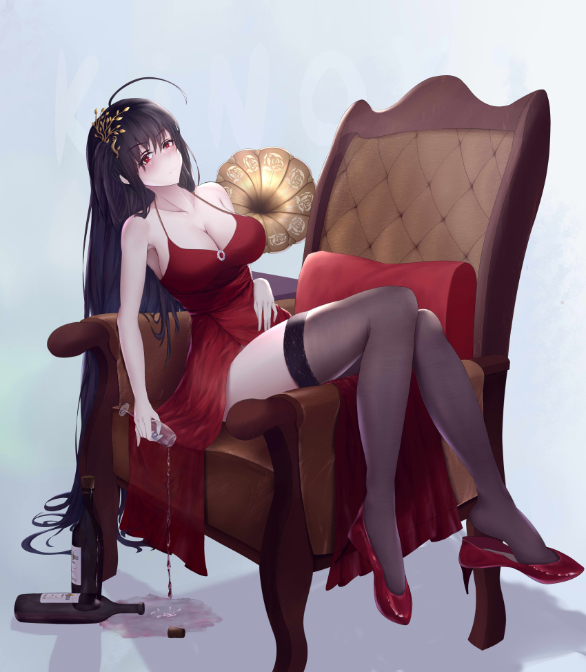 1girl absurdly_long_hair absurdres ahoge alcohol azur_lane bangs black_hair black_legwear breasts chair champagne champagne_flute cleavage cocktail_dress collarbone crossed_bangs cup dress drinking_glass evening_gown eyebrows_visible_through_hair full_body hair_between_eyes hair_ornament high_heels highres huge_breasts kujira_(8284) lace-trimmed_legwear lace_trim long_hair looking_at_viewer official_alternate_costume phonograph pouring red_dress red_eyes red_footwear red_wine shoe_dangle shoes simple_background sleeveless sleeveless_dress solo spill taihou_(azur_lane) taihou_(forbidden_feast)_(azur_lane) thighhighs very_long_hair