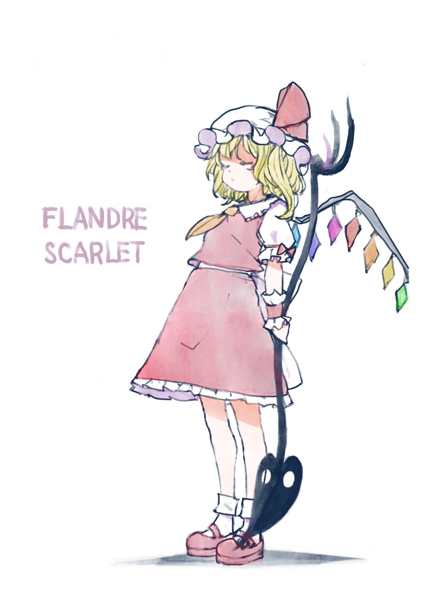 1girl bangs blonde_hair bobby_socks bow breasts character_name closed_eyes closed_mouth commentary_request cravat crystal flandre_scarlet frilled_shirt_collar frills full_body hat hat_ribbon highres holding holding_polearm holding_weapon laevatein mary_janes mob_cap one_side_up orange_neckwear polearm puffy_short_sleeves puffy_sleeves red_bow red_footwear red_ribbon red_skirt red_vest ribbon satyuas shoes short_hair short_sleeves skirt small_breasts socks solo standing touhou vest weapon white_headwear white_legwear wings wrist_cuffs