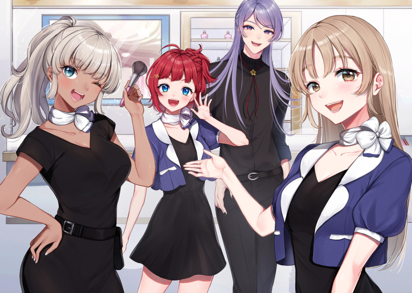 1other 3girls asahina_akane_(nijisanji) belt black_dress blue_eyes braid braided_ponytail breasts brush cleavage cupboard dark_skin dress dress_shirt genzuki_toujirou grey_hair highres jacket light_brown_eyes light_brown_hair long_hair medium_hair mirror mizuiro_32 multiple_girls nijisanji ponytail purple_eyes red_hair scarf shirt sister_cleaire smile straight_hair todoroki_kyouko virtual_youtuber